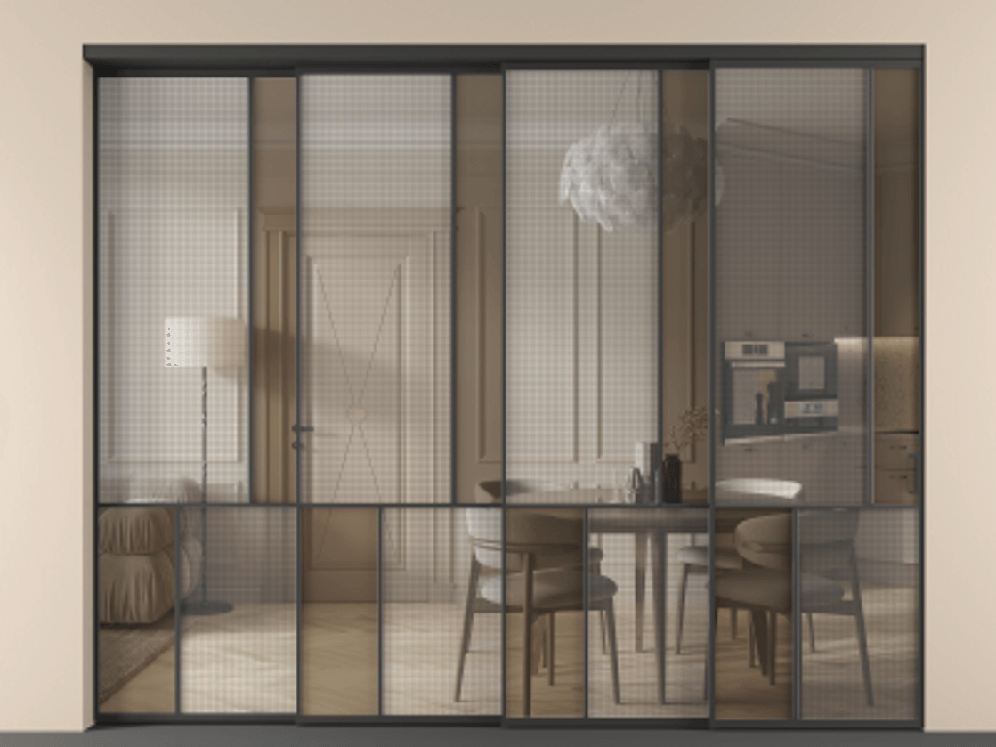 Перегородка Mosaic внутри проёма телескопик синхро-4 АЛПР 041.21 Алюминий Черный Mesh silver + Бронза прозрачное триплекс Цена 3724170 AMD | Volhovec