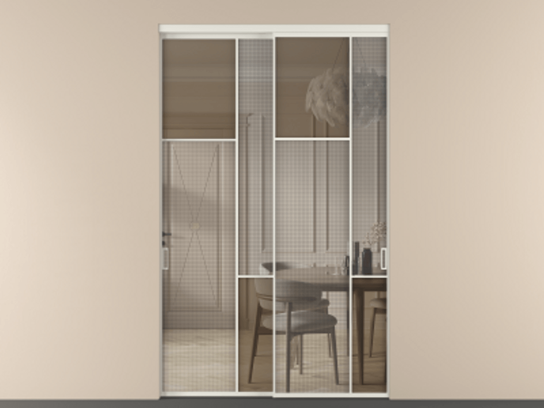 Перегородка Mosaic внутри проема двустворчатая АЛПР 041.10 Алюминий Белый Mesh silver + Бронза прозрачное триплекс Цена 1533320 AMD | Volhovec