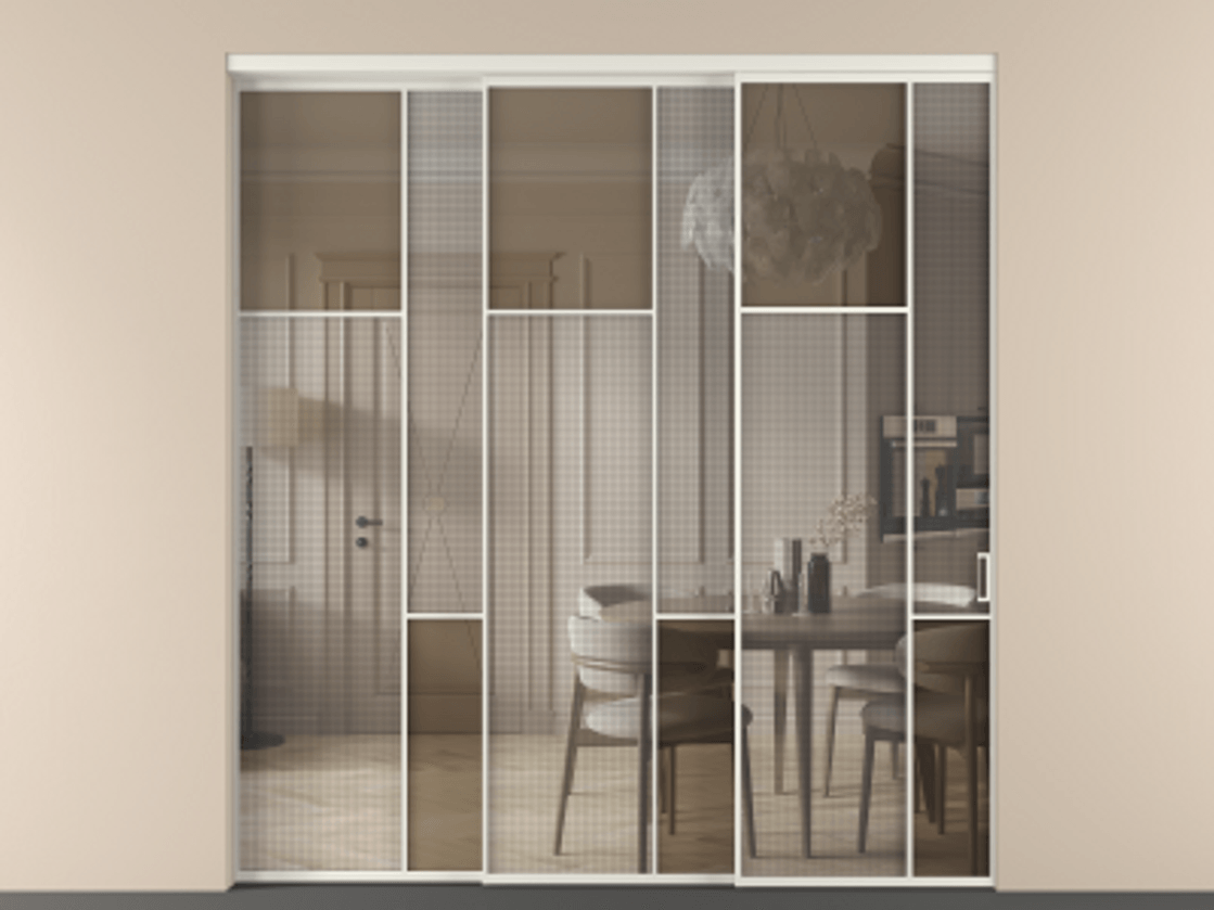 Перегородка Mosaic внутри проема телескопик синхро-3 АЛПР 041.10 Алюминий Белый Mesh silver + Бронза прозрачное триплекс Цена 2725520 AMD | Volhovec