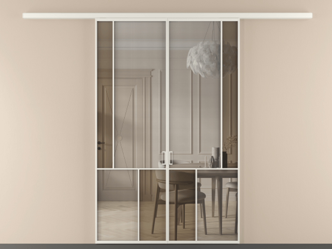 Перегородка Mosaic вдоль стены двустворчатая АЛПР 041.21 Алюминий Белый Mesh silver + Бронза прозрачное триплекс Цена 1696521 AMD | Volhovec