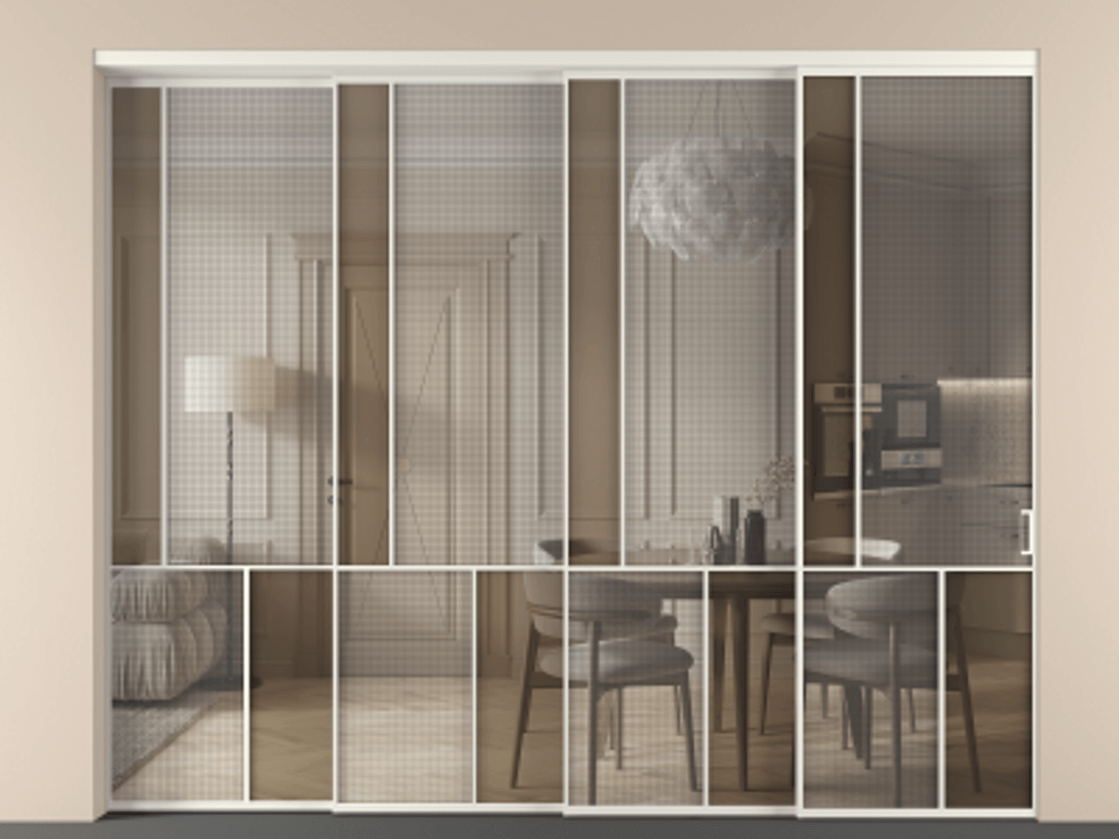 Перегородка Mosaic внутри проема телескопик синхро-4 АЛПР 041.20 Алюминий Белый Mesh silver + Бронза прозрачное триплекс Цена 3658750 AMD | Volhovec