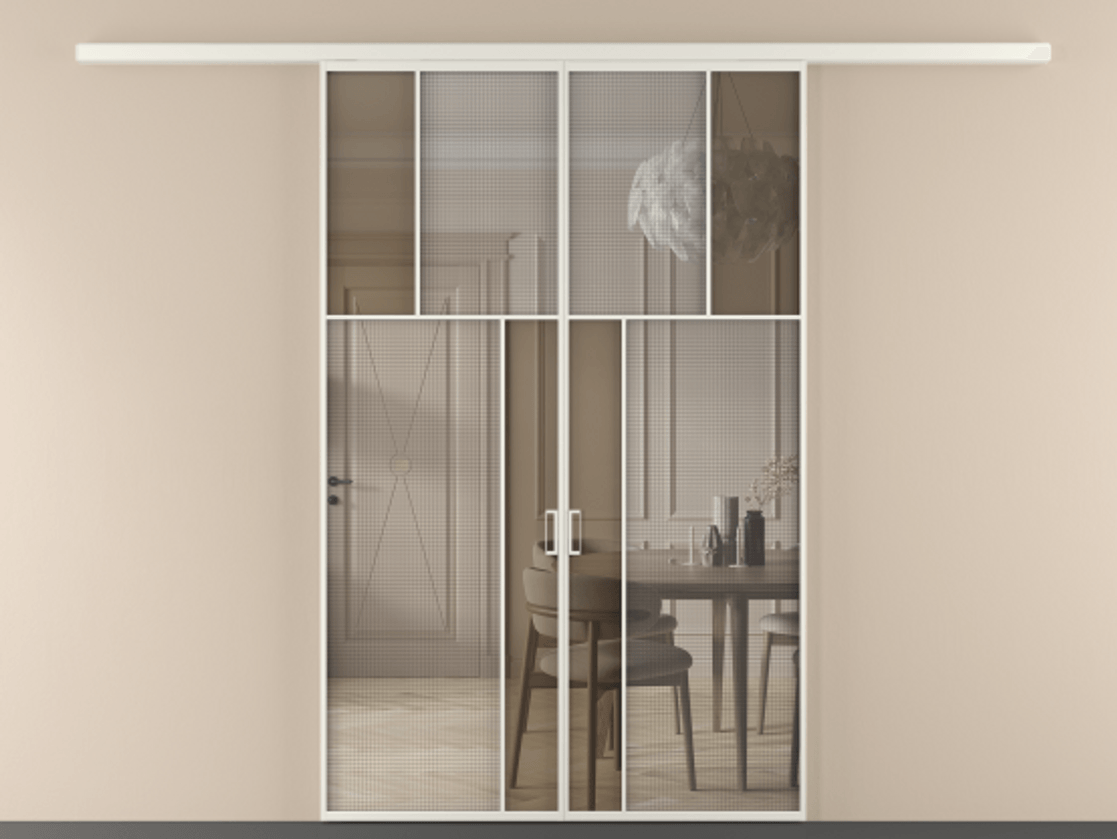 Перегородка Mosaic вдоль стены двустворчатая АЛПР 041.22 Алюминий Белый Mesh silver + Бронза прозрачное триплекс Цена 1696521 AMD | Volhovec