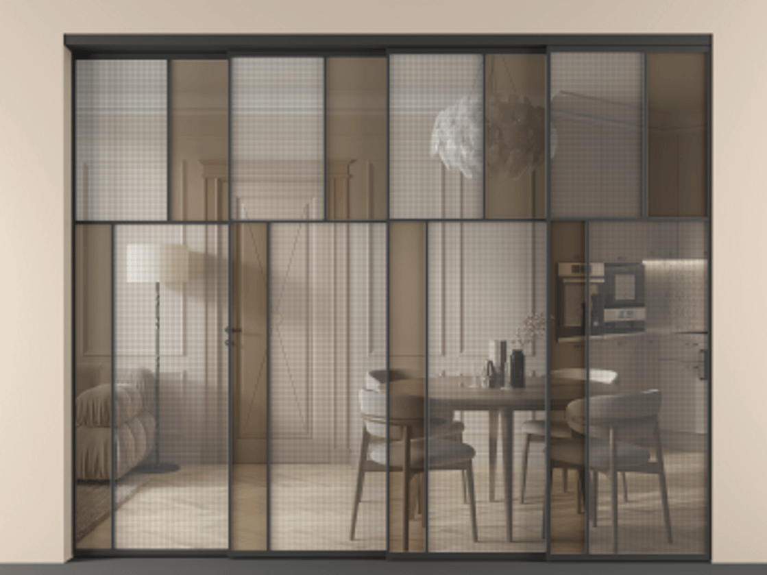 Перегородка Mosaic внутри проема телескопик синхро-4 АЛПР 041.22 Алюминий Черный Mesh silver + Бронза прозрачное триплекс Цена 3658750 AMD | Volhovec