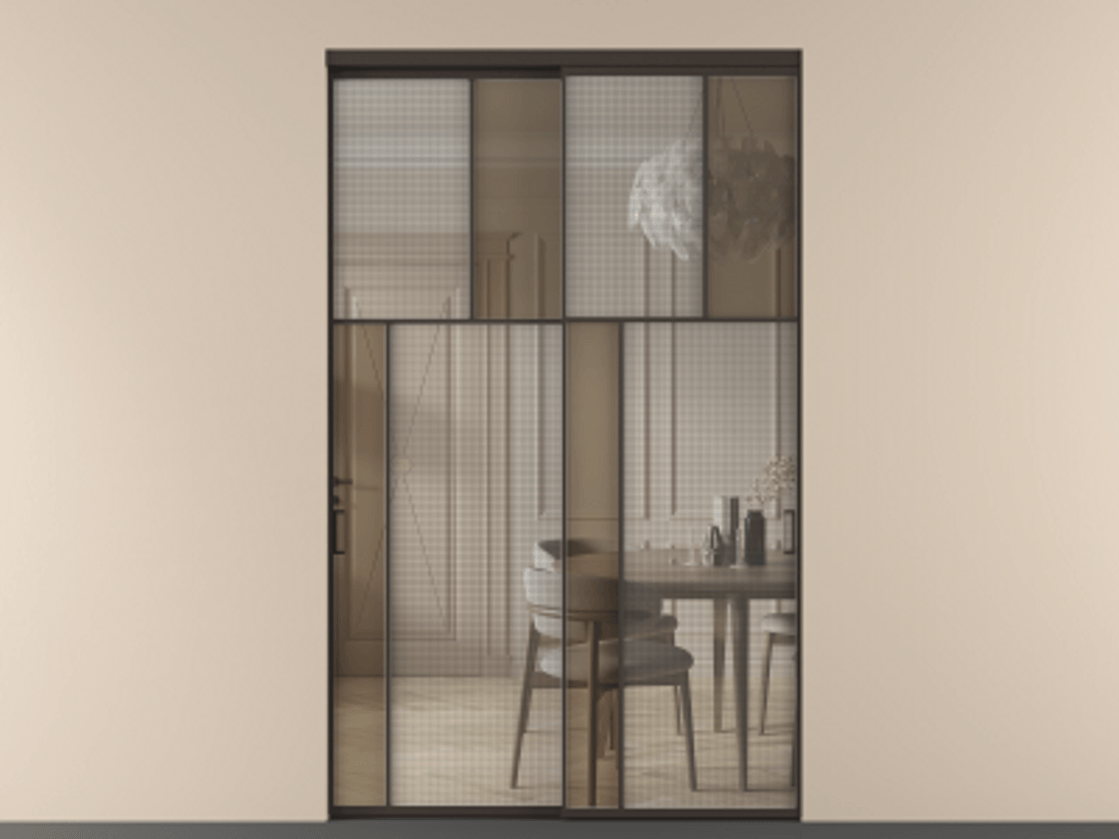 Перегородка Mosaic внутри проёма двустворчатая АЛПР 041.22 Алюминий антрацит Mesh silver + Бронза прозрачное триплекс Цена 1613430 AMD | Volhovec
