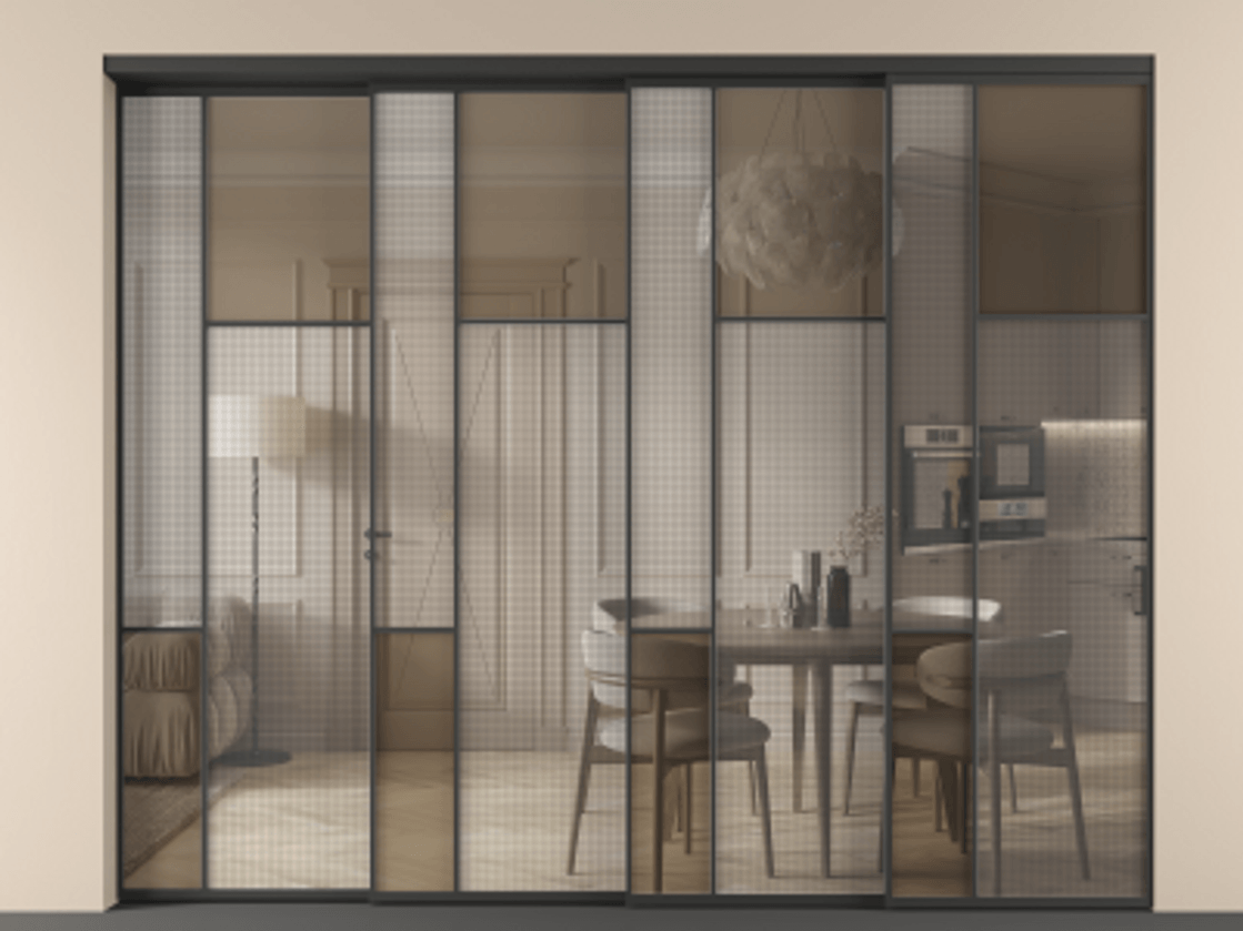 Перегородка Mosaic внутри проёма телескопик синхро 3 АЛПР 041.11 Алюминий Черный Mesh silver + Бронза прозрачное триплекс Цена 3724170 AMD | Volhovec