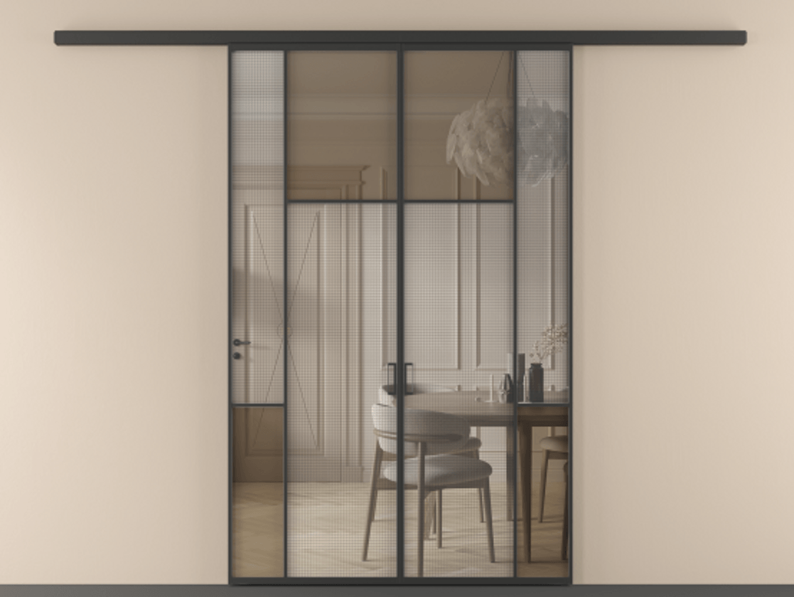Перегородка Mosaic вдоль стены двустворчатая АЛПР 041.10 Алюминий Черный Mesh silver + Бронза прозрачное триплекс Цена 1696521 AMD | Volhovec