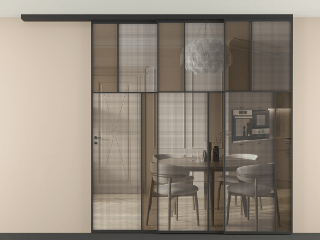 Перегородка Mosaic вдоль стены телескопик синхро-3 АЛПР 041.23 Алюминий Черный Mesh silver + Бронза прозрачное триплекс Цена 2917720 AMD | Volhovec