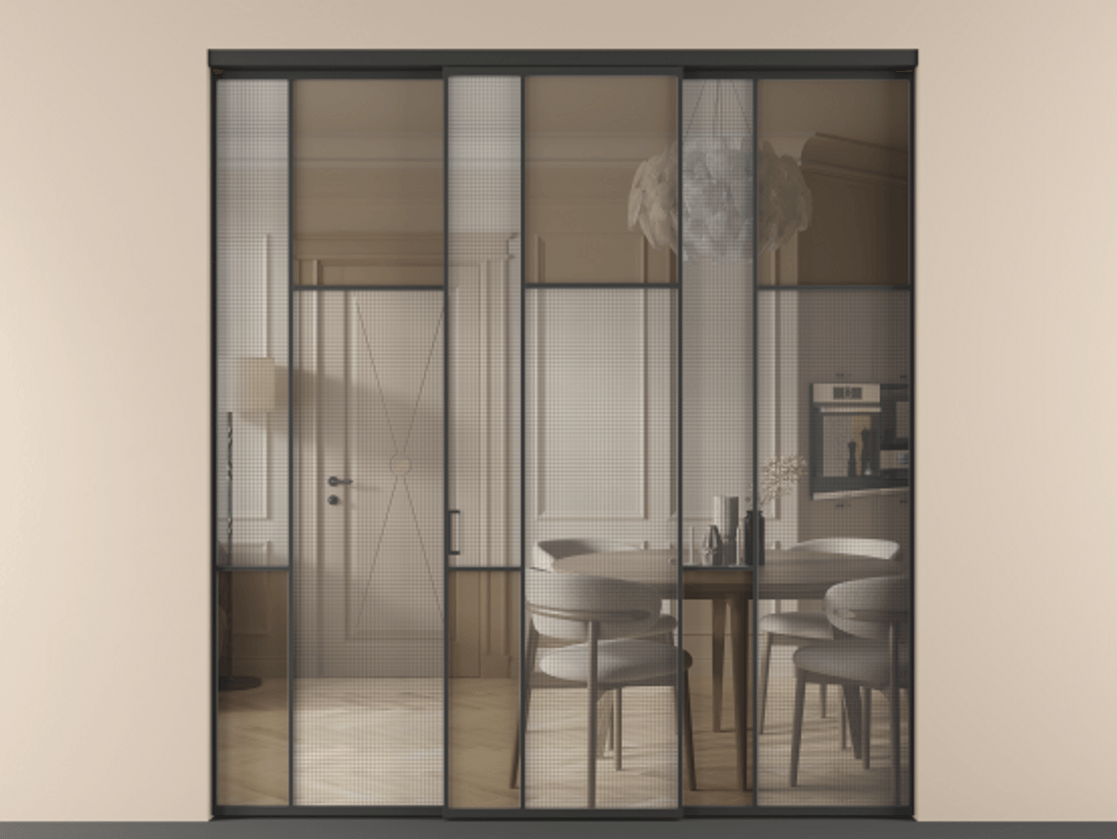Перегородка Mosaic внутри проёма трёхстворчатая АЛПР 041.11 Алюминий Черный Mesh silver + Бронза прозрачное триплекс Цена 2201510 AMD | Volhovec