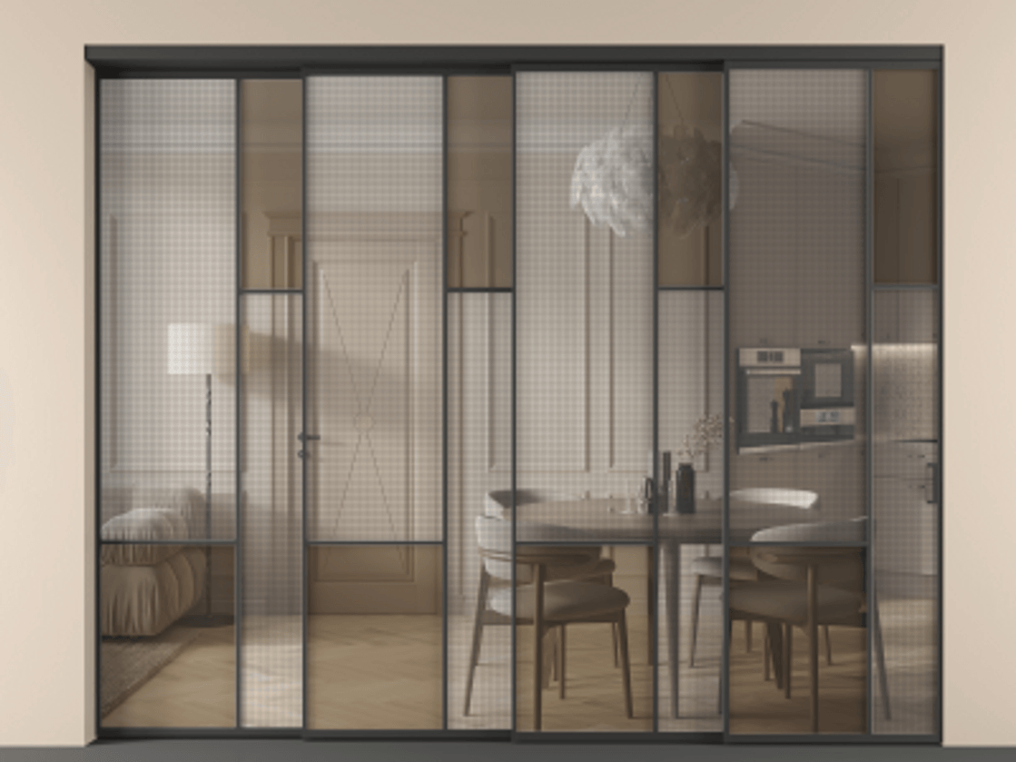 Перегородка Mosaic внутри проёма телескопик синхро 3 АЛПР 041.12 Алюминий Черный Mesh silver + Бронза прозрачное триплекс Цена 3724170 AMD | Volhovec