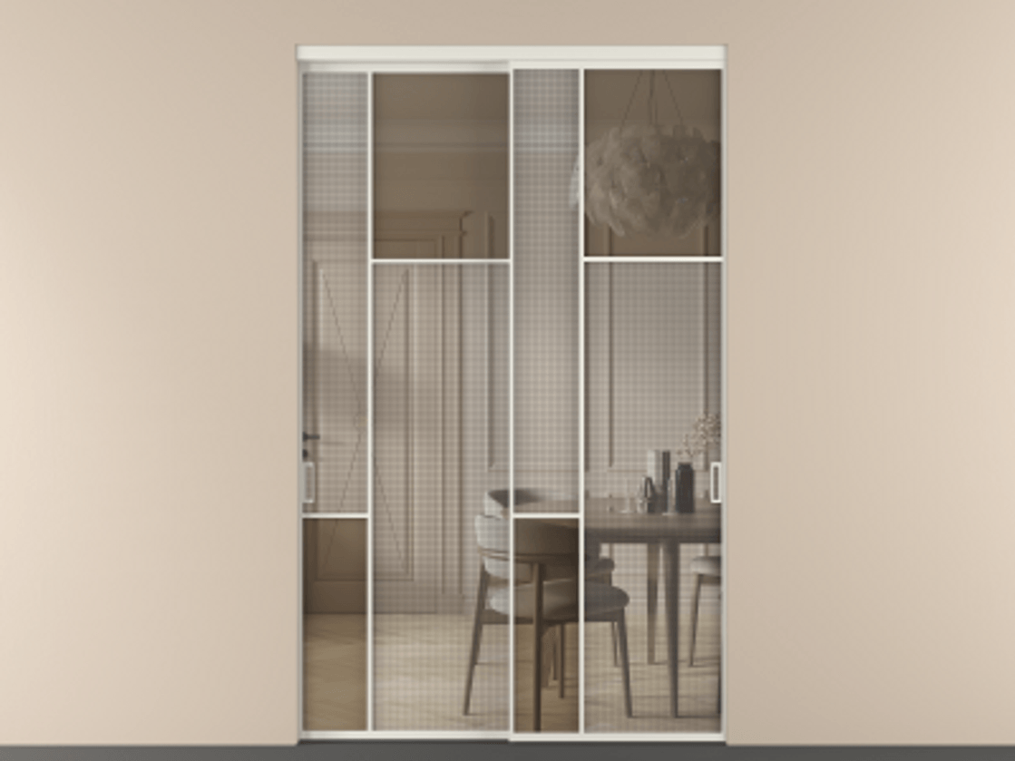 Перегородка Mosaic внутри проема двустворчатая АЛПР 041.11 Алюминий Белый Mesh silver + Бронза прозрачное триплекс Цена 1533320 AMD | Volhovec