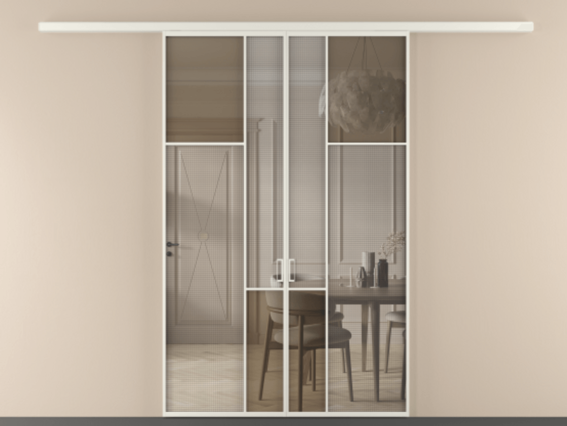Перегородка Mosaic вдоль стены двустворчатая АЛПР 041.11 Алюминий Белый Mesh silver + Бронза прозрачное триплекс Цена 1696521 AMD | Volhovec