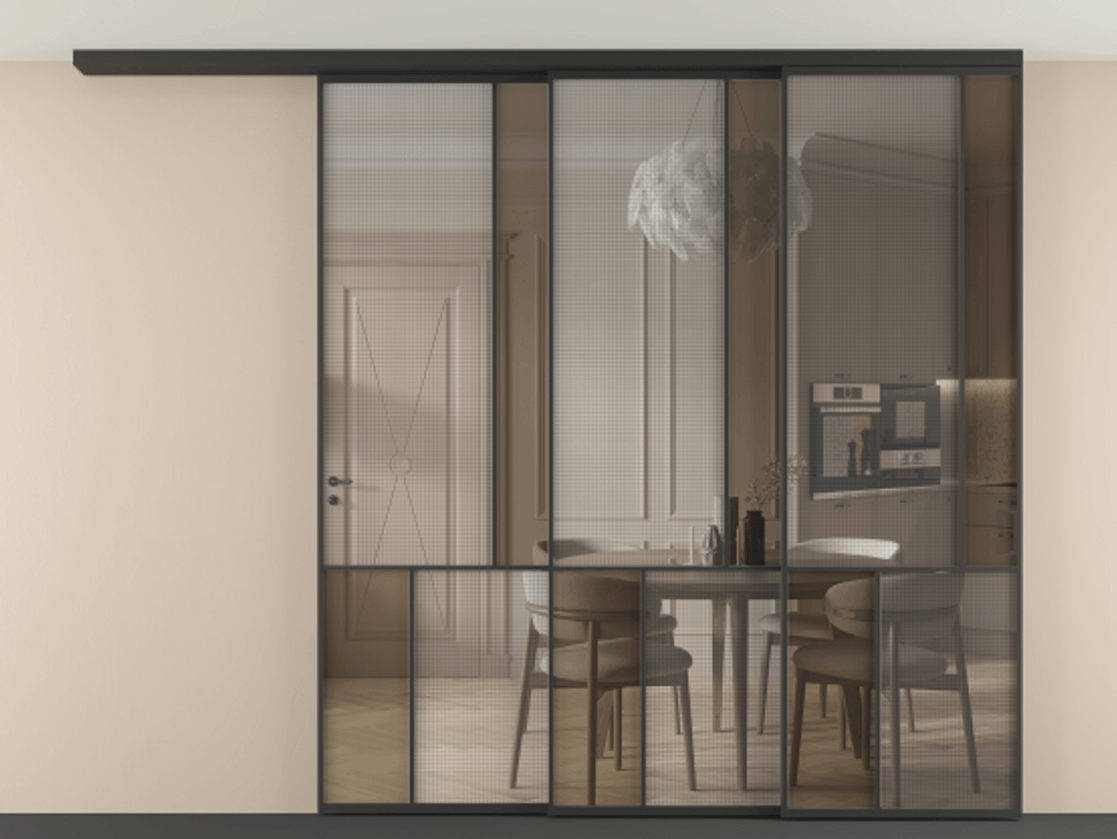 Перегородка Mosaic вдоль стены телескопик синхро 3 АЛПР 041.21 Алюминий Черный Mesh silver + Бронза прозрачное триплекс Цена 3140550 AMD | Volhovec