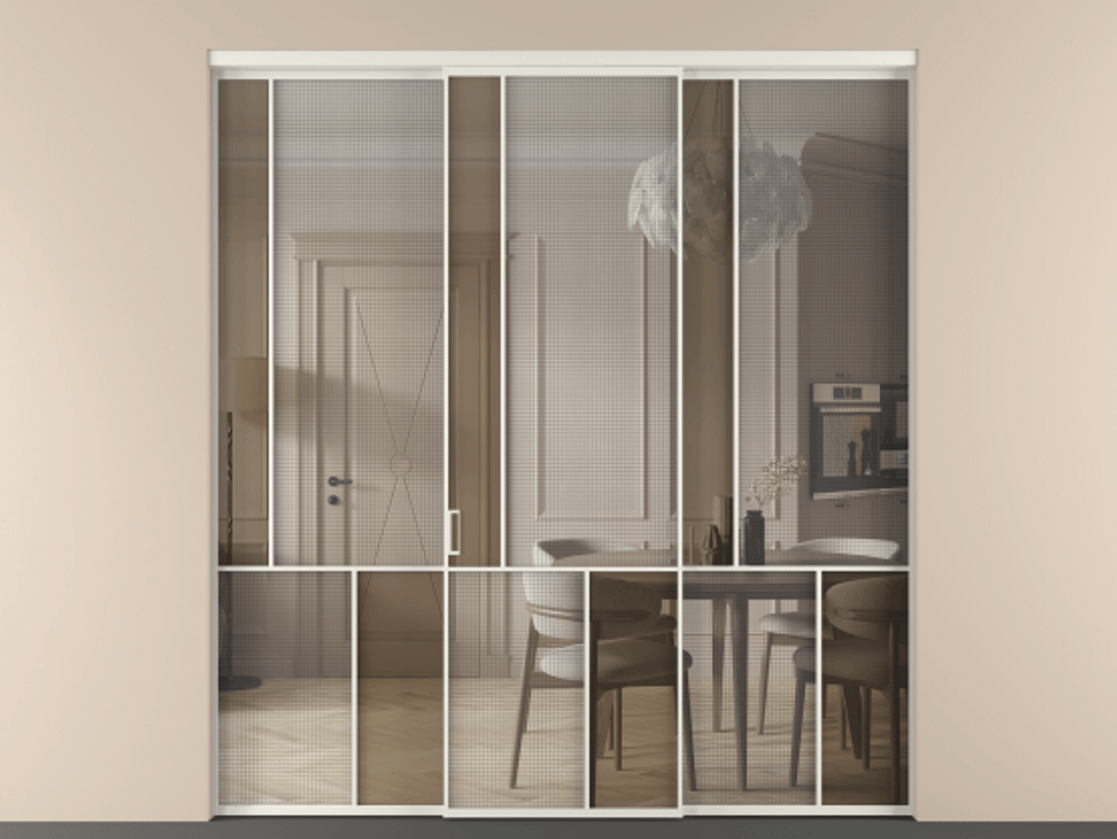 Перегородка Mosaic внутри проёма трёхстворчатая АЛПР 041.20 Алюминий Белый Mesh silver + Бронза прозрачное триплекс Цена 2230511 AMD | Volhovec