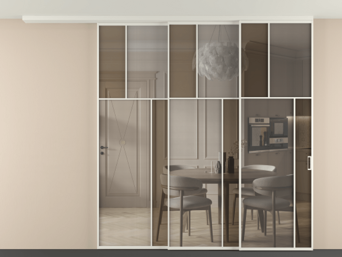 Перегородка Mosaic вдоль стены телескопик синхро 3 АЛПР 041.23 Алюминий Белый Mesh silver + Бронза прозрачное триплекс Цена 3140550 AMD | Volhovec