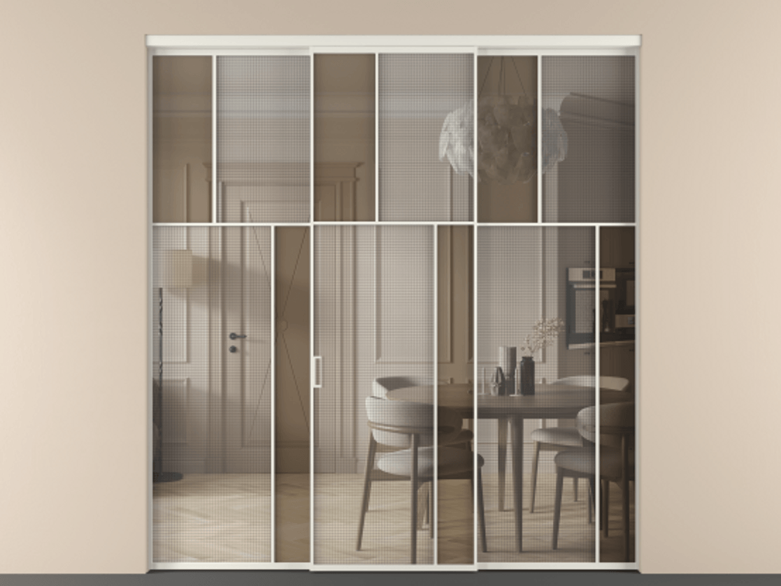 Перегородка Mosaic внутри проёма трёхстворчатая АЛПР 041.23 Алюминий Белый Mesh silver + Бронза прозрачное триплекс Цена 2201510 AMD | Volhovec