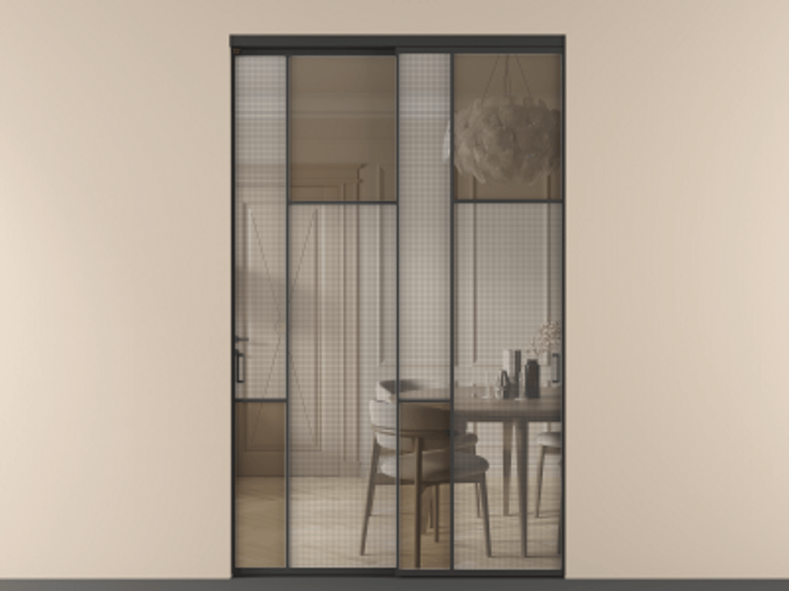 Перегородка Mosaic внутри проёма двустворчатая АЛПР 041.11 Алюминий Черный Mesh silver + Бронза прозрачное триплекс Цена 1552200 AMD | Volhovec