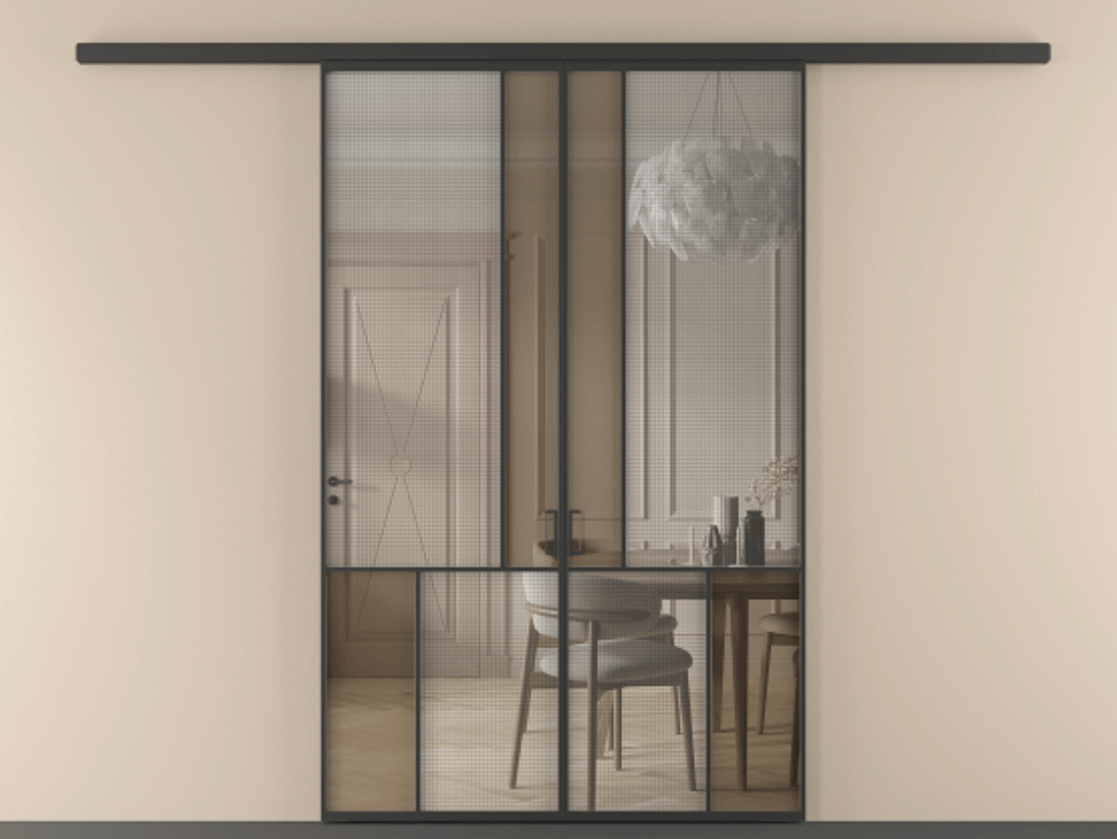 Перегородка Mosaic вдоль стены двустворчатая АЛПР 041.20 Алюминий Черный Mesh silver + Бронза прозрачное триплекс Цена 1696521 AMD | Volhovec