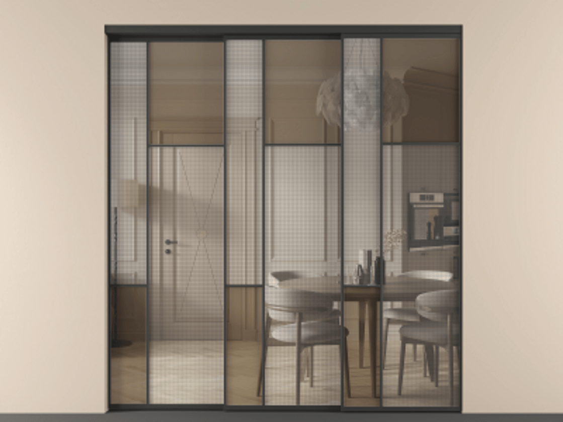 Перегородка Mosaic внутри проема телескопик синхро-3 АЛПР 041.11 Алюминий Черный Mesh silver + Бронза прозрачное триплекс Цена 2725520 AMD | Volhovec