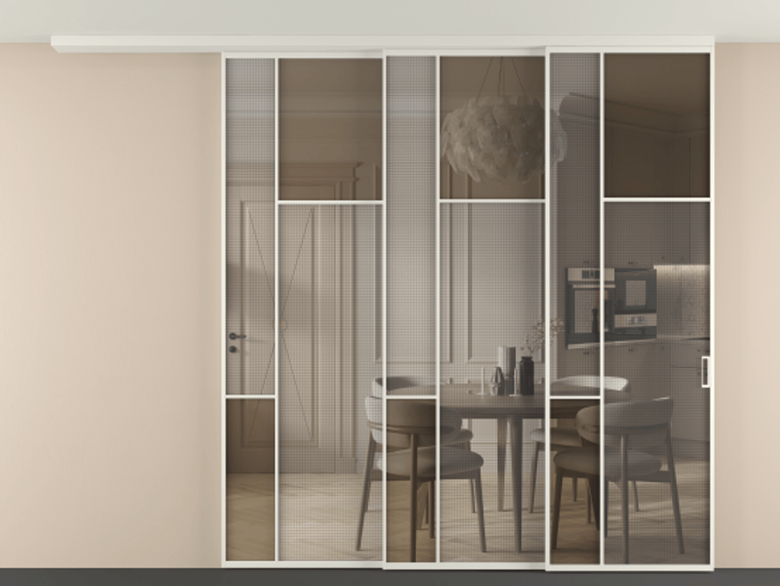 Перегородка Mosaic вдоль стены телескопик синхро-3 АЛПР 041.11 Алюминий Белый Mesh silver + Бронза прозрачное триплекс Цена 2917720 AMD | Volhovec