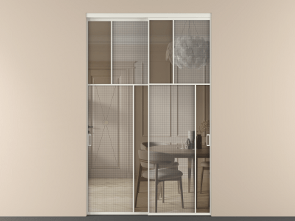 Перегородка Mosaic внутри проёма двустворчатая АЛПР 041.23 Алюминий Белый Mesh silver + Бронза прозрачное триплекс Цена 1552200 AMD | Volhovec