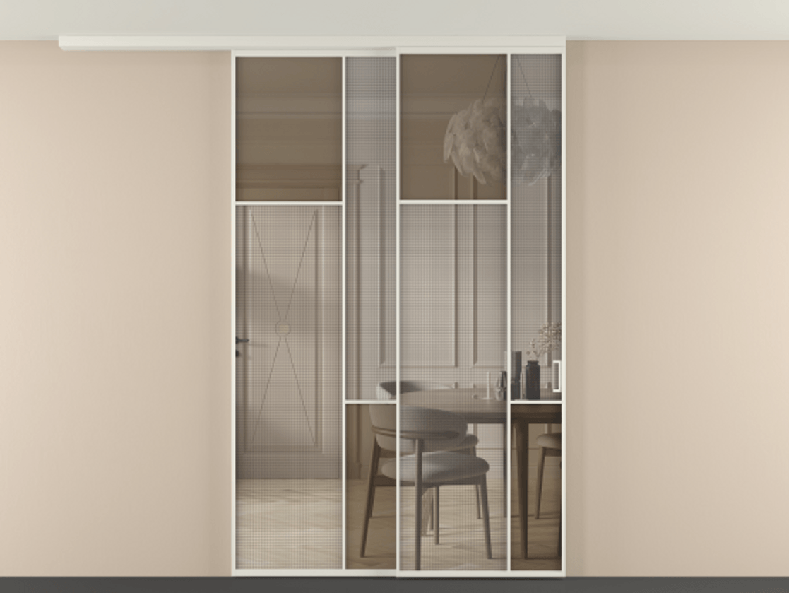 Перегородка Mosaic вдоль стены телескопик синхро-2 АЛПР 041.10 Алюминий Белый Mesh silver + Бронза прозрачное триплекс Цена 2024280 AMD | Volhovec