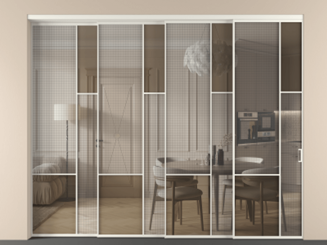 Перегородка Mosaic внутри проема телескопик синхро-4 АЛПР 041.12 Алюминий Белый Mesh silver + Бронза прозрачное триплекс Цена 3658750 AMD | Volhovec